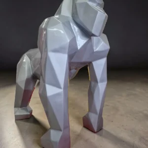 Wielka Geometryczna Figura Goryl Low Poly – Srebrna Rzeźba Modern King Kong